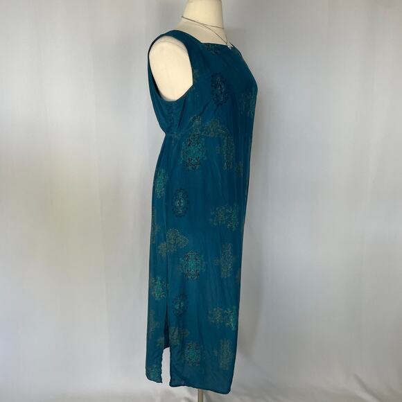 Boho Maxi Dress Plus Size 1X Blue Brocade Print Pure Silk Sleeveless Hippie Vtg - Picture 6 of 16